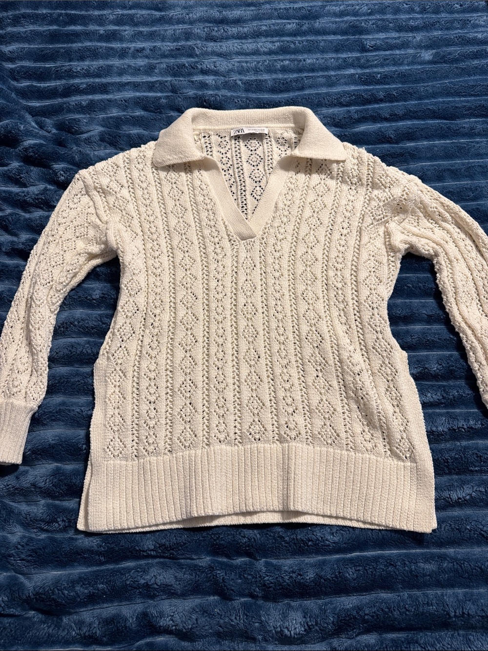 Zara Cream Open-Weave Collared V-Neck Sweater